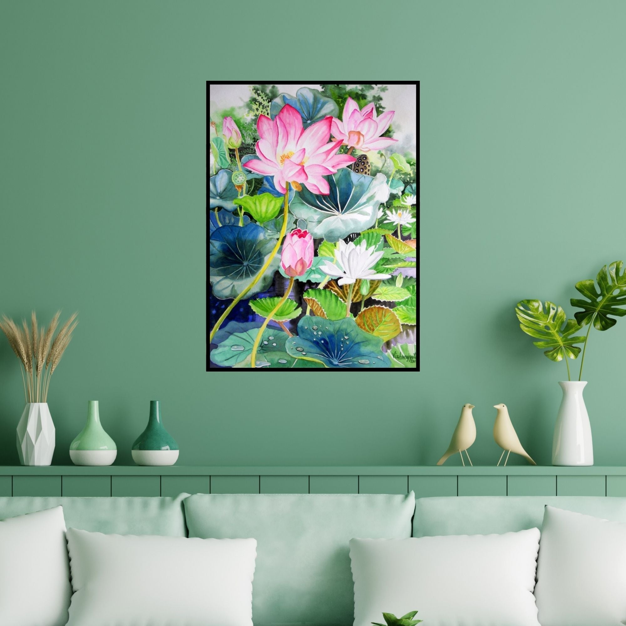 Preview of 'Pink Lotus And White Water Lilies 2' Painting by Vishwajyoti Mohrhoff shown on a wall in a furnished room.