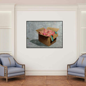 'Pink Mask (Pig Bazaar)' painting by Sanjay Kumar Rajpoot shown on a wall in a furnished room.