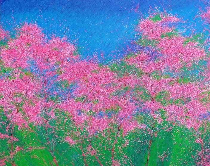 Nature oil painting titled 'Pink Showers', 24x30 inches, by artist Pardeep Singh on Canvas