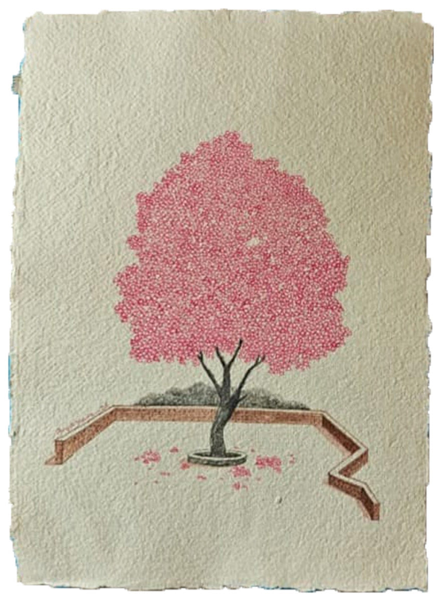 The Pink Tree' contemporary gouache painting by artist Priyaranjan Behera, 17x12 inch, on paper