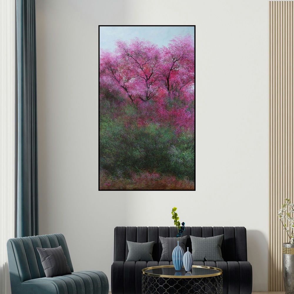 Vimal Chand's 'Pink Trees (Pink Canopy)' painting visualized above a sofa in a contemporary room.