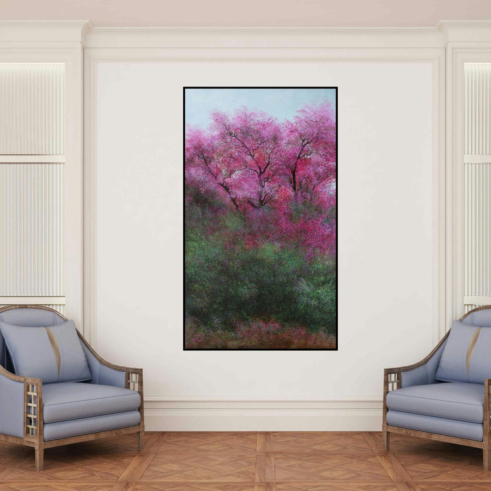 'Pink Trees (Pink Canopy)' painting by Vimal Chand shown on a wall in a furnished room.