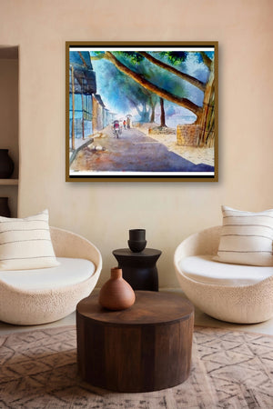 Plain Air (Village Serenity) by artist Biki Das displayed in a Luxury gallery
