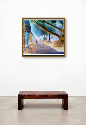 Plain Air (Village Serenity) by artist Biki Das displayed in a Contemporary Luxury Library