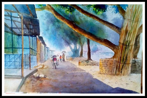 Plain Air (Village Serenity) by Biki Das, Original Watercolor Landscape Painting on Paper, Small Horizontal Wall Art