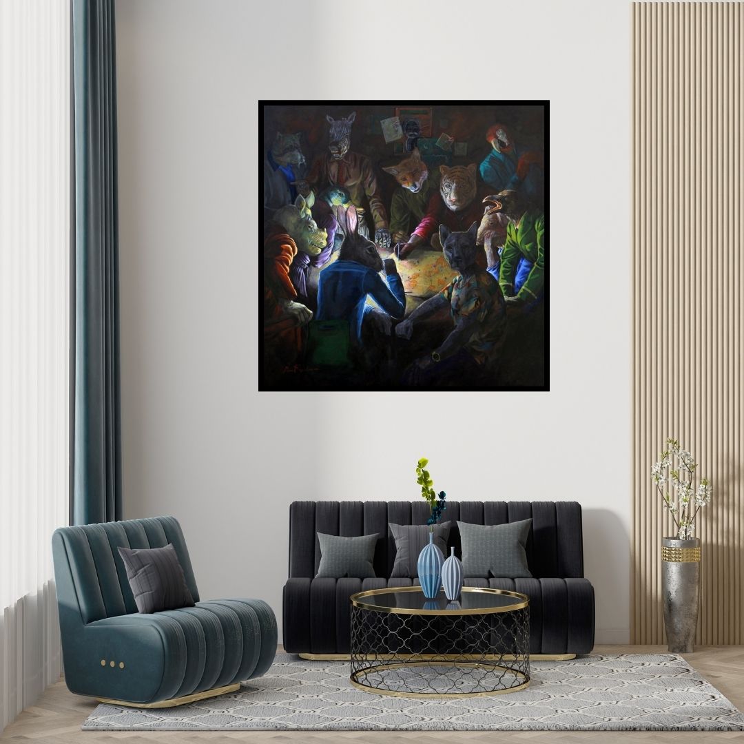 Preview of 'Planning For The Existenc (Animals Planning Their Existence)' Painting by Minal Rajurkar shown on a wall in a furnished room.