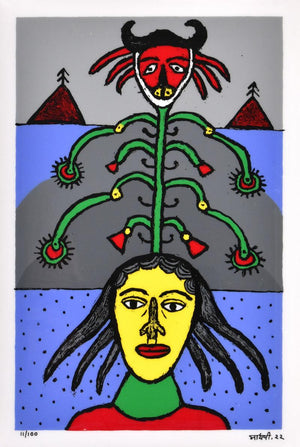 Figurative reverse serigraph painting titled 'Planting Seeds', 24x16 inches, by artist Madhvi Parekh on Acrylic