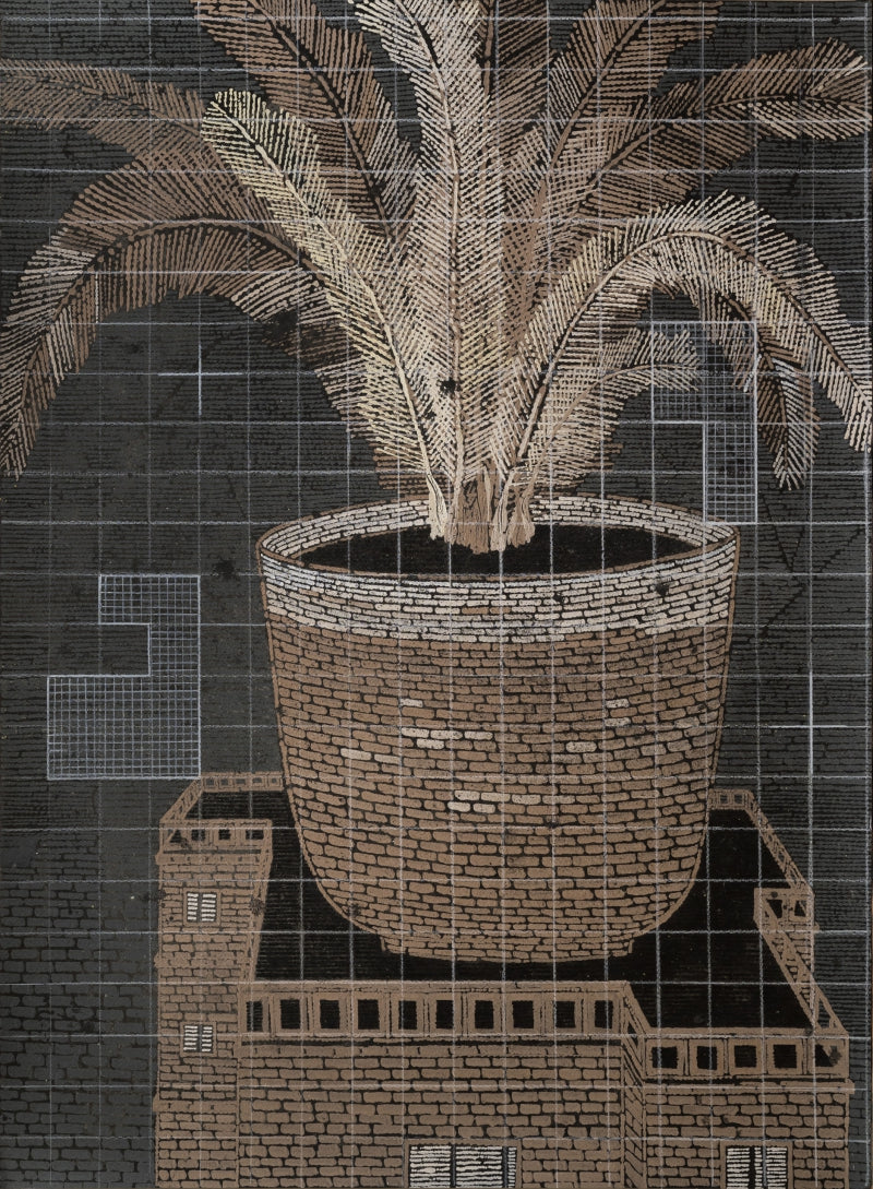 Plants And Planters' contemporary mixed-media painting by artist Palash Chandra Baidya, 43x28 inch, on fabriano paper