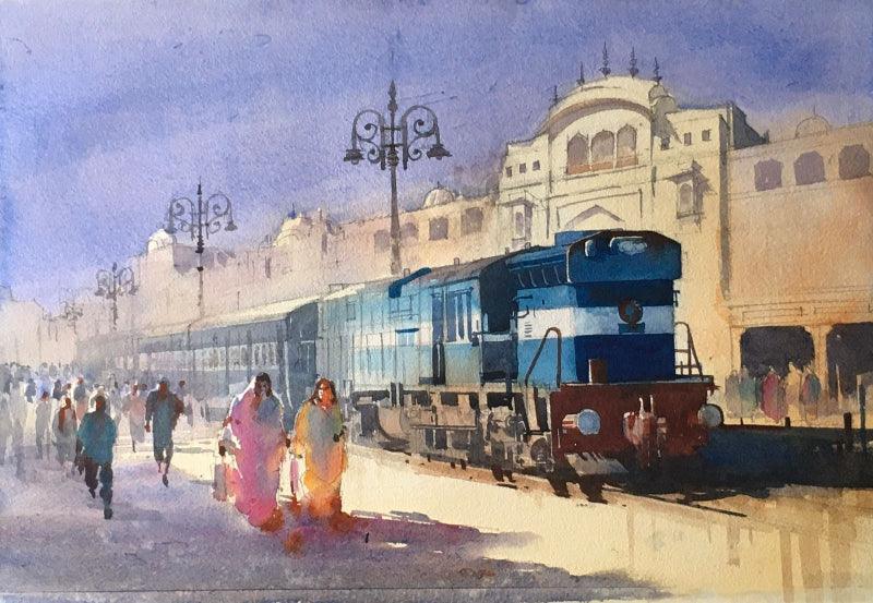 Cityscape watercolor painting titled 'Platform 54', 14x20 inches, by artist Bijay Biswaal on Paper