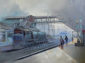 Cityscape acrylic painting titled 'Platform', 36x30 inches, by artist Bijay Biswaal on Canvas