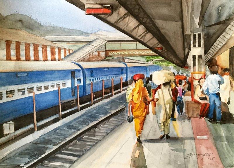 Figurative watercolor painting titled 'Platform No 2', 11x15 inches, by artist Shagufta Mehdi on Paper