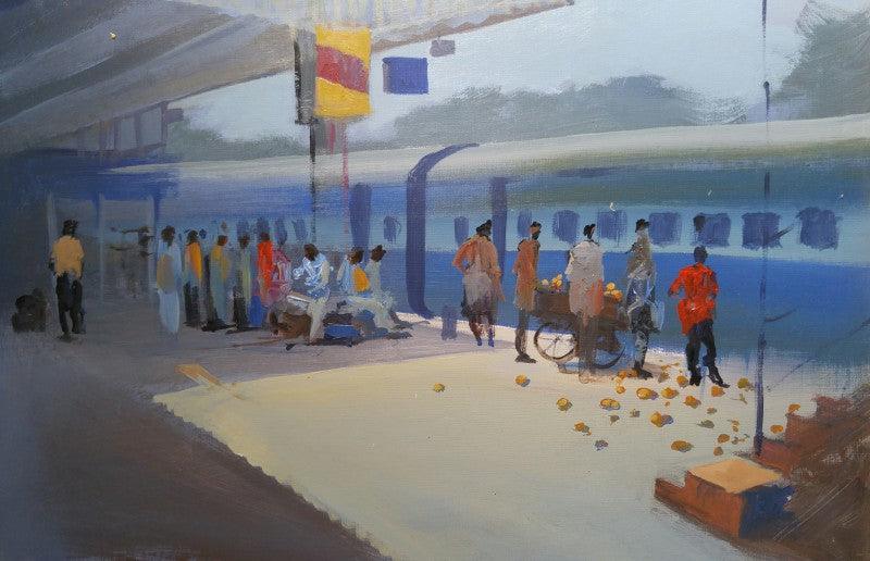 Cityscape acrylic painting titled 'Platform No 3 Nagpur', 15x20 inches, by artist Bijay Biswaal on Paper