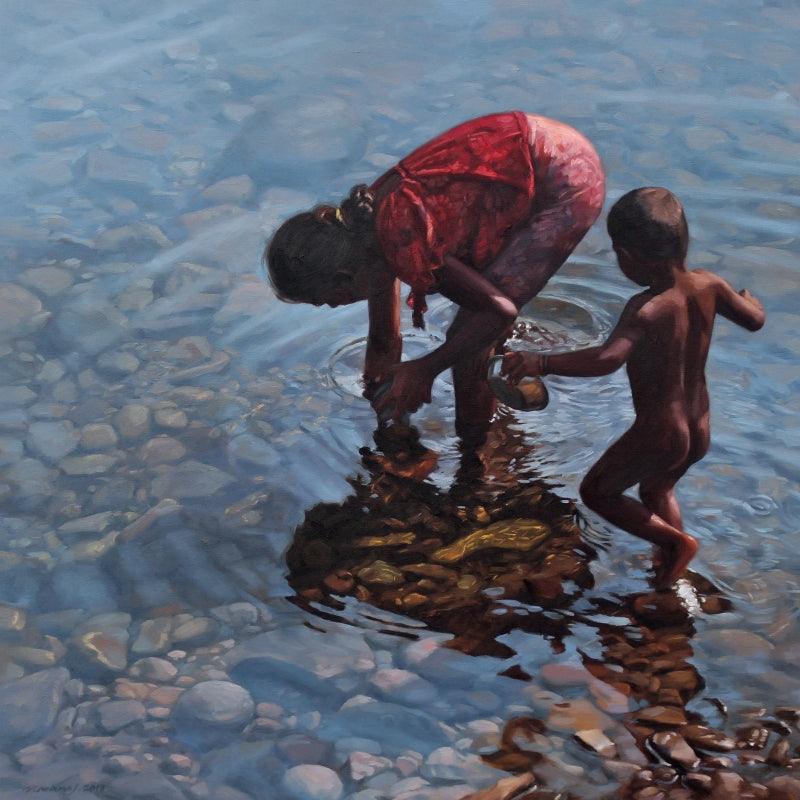 Figurative oil painting titled 'Play Ground', 36x36 inches, by artist Manoj Deshmukh on Canvas