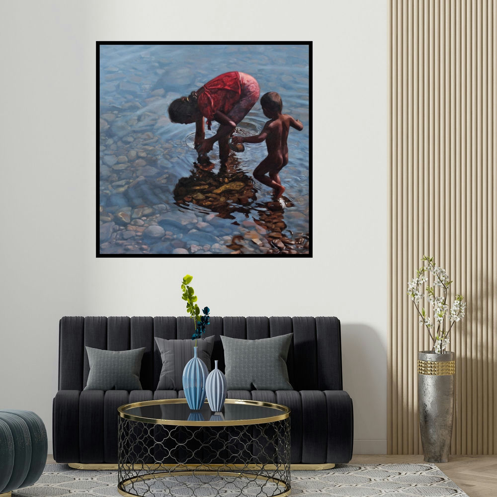 Manoj Deshmukh's 'Play Ground' painting visualized above a sofa in a contemporary room.