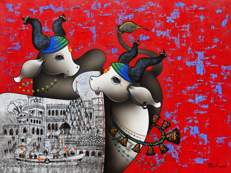 Playful Duo' religious acrylic-charcoal painting by artist Paras Parmar, 36x48 inch, on canvas