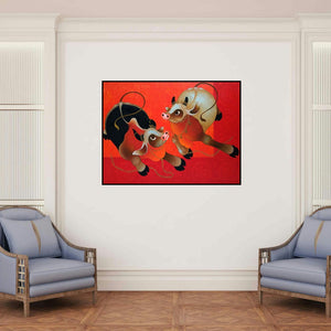 'Playing Bulls' painting by H R Das shown on a wall in a furnished room.