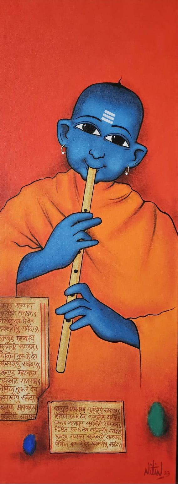 Religious acrylic painting titled 'Playing Flute', 48x18 inches, by artist Nitin Ghangrekar on Canvas