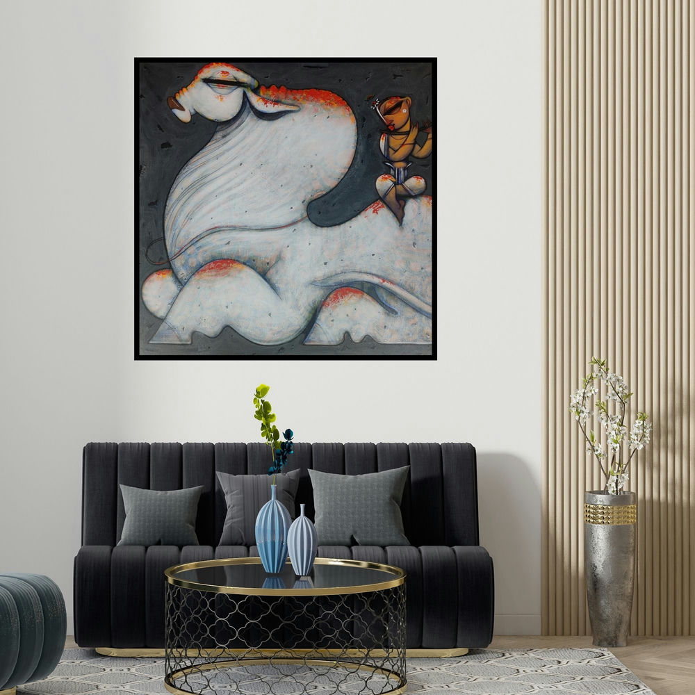 Ramesh Gujar's 'Playing Flute 1 (Sacred Bond)' painting visualized above a sofa in a contemporary room.