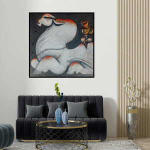 Ramesh Gujar's 'Playing Flute 1 (Sacred Bond)' painting visualized above a sofa in a contemporary room.