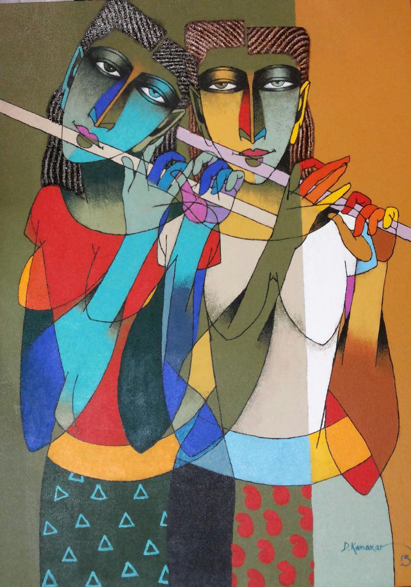 Figurative oil painting titled 'Playing Flute 2', 30x40 inches, by artist Dayanand Karmakar on Canvas