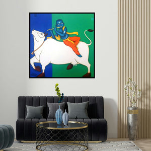 Nitin Ghangrekar's 'Playing Flute With Cow (Divine Melody)' painting visualized above a sofa in a contemporary room.