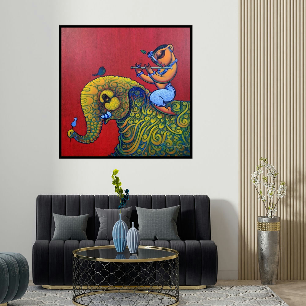 Ramesh Gujar's 'Playing Flute On Elephant 1 (Elephant Serenade)' painting visualized above a sofa in a contemporary room.