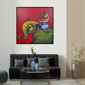Ramesh Gujar's 'Playing Flute On Elephant 1 (Elephant Serenade)' painting visualized above a sofa in a contemporary room.