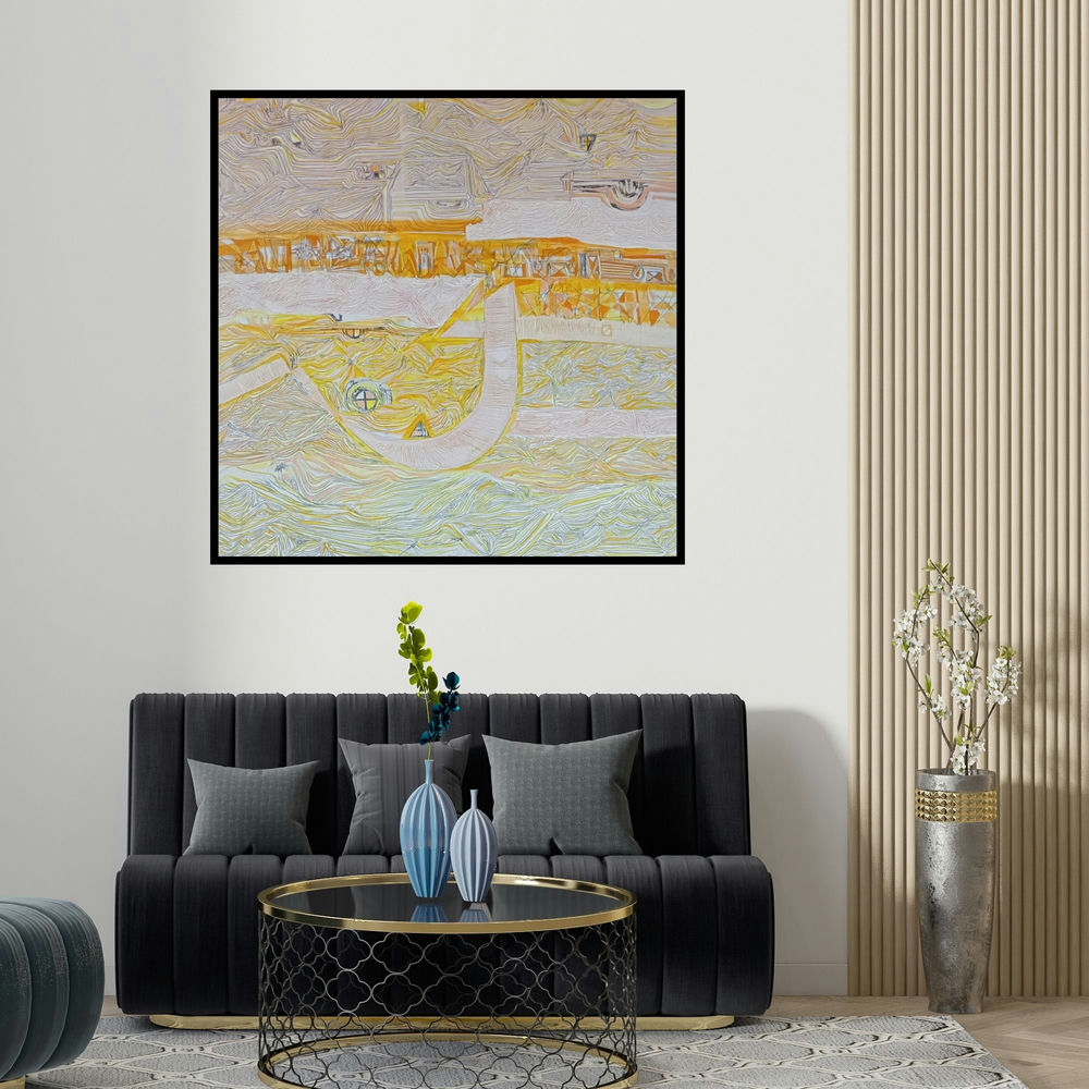 Suhani Jain's 'Playing Line 36 (Untitled)' painting visualized above a sofa in a contemporary room.