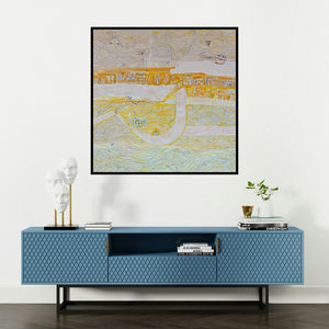 'Playing Line 36 (Untitled)' painting by Suhani Jain shown on a wall in a furnished room.