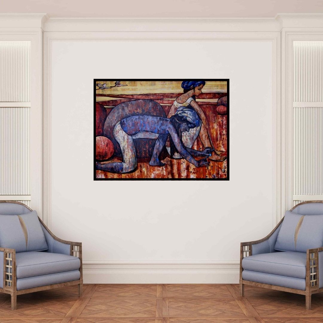 In-situ view of Suruchi Jamkar's 'Playing Marbles Into The Evening' painting in a room