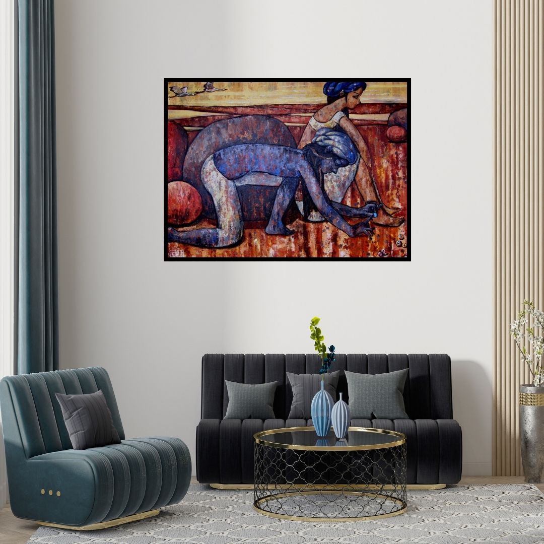 Preview of 'Playing Marbles Into The Evening' Painting by Suruchi Jamkar shown on a wall in a furnished room.