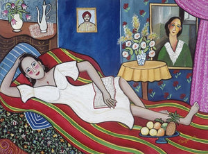 Pleasurable Pass Time (A Portrait of Nayanaa Kanodia) by Nayanaa Kanodia, Original Mixed Media Figurative Painting on Paper, Small Horizontal Wall Art