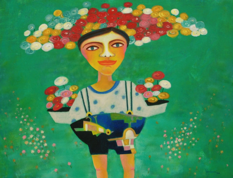 Pleasure Of Life' figurative acrylic painting by artist Vandana Rakesh, 26x28 inch, on canvas