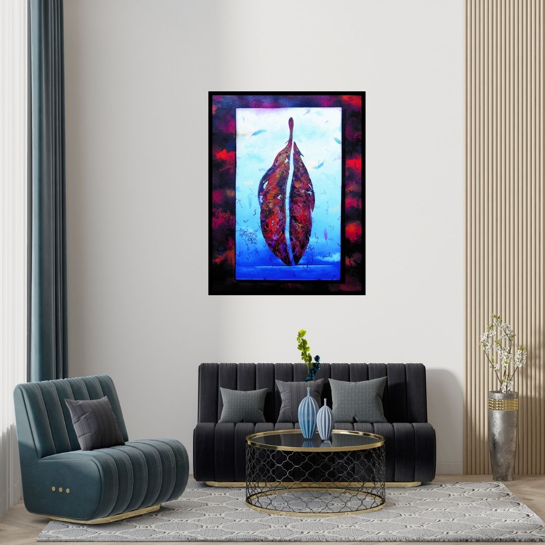 Preview of 'Plumage Evolution 1' Painting by Raosaheb Gagre shown on a wall in a furnished room.