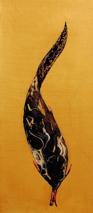 Plumage Evolution 5 (Feather Form on Gold) by Raosaheb Gagre, Original Acrylic Nature Painting on Canvas, Small Vertical Wall Art