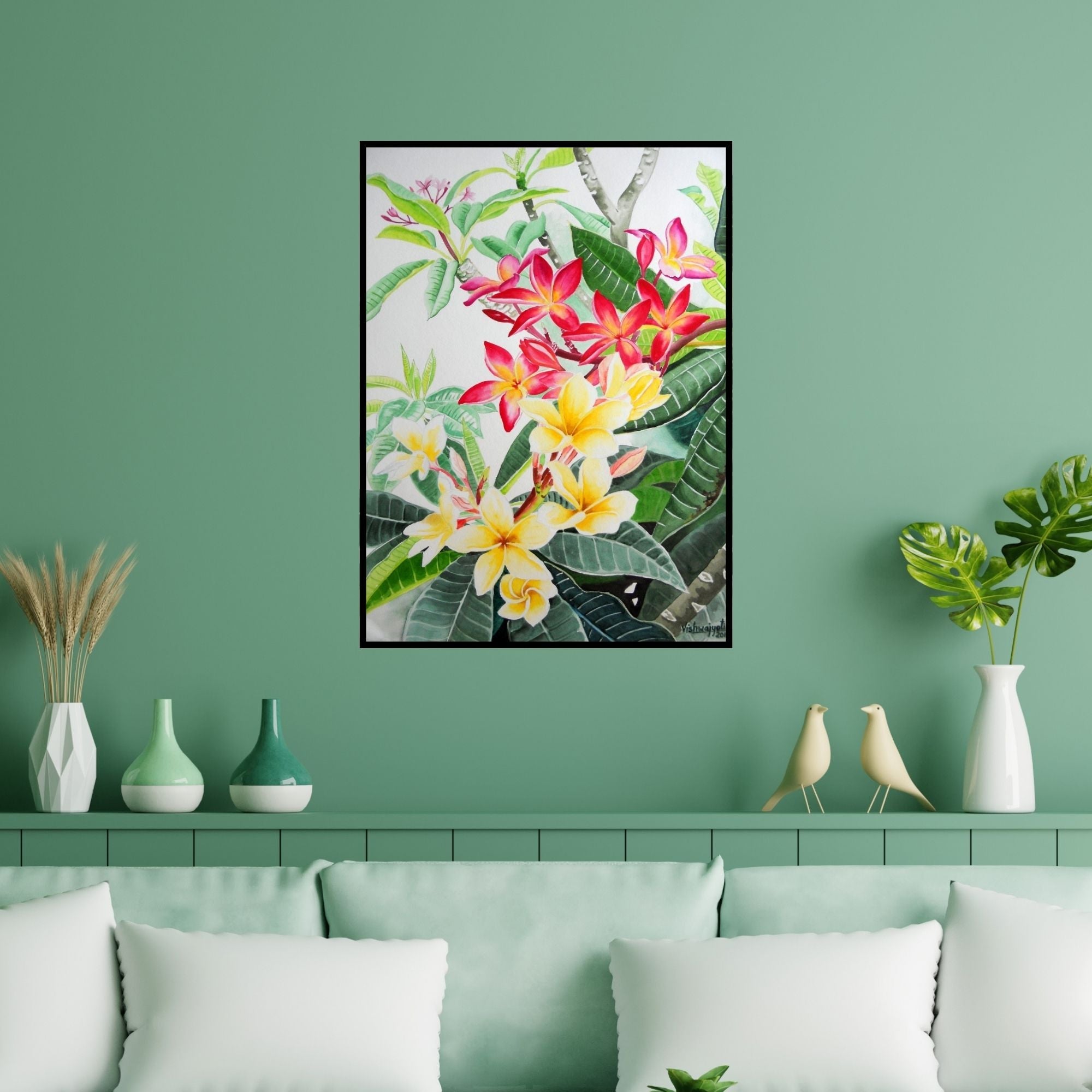 Preview of 'Plumerias (Tropical Delight: Plumeria in Bloom)' Painting by Vishwajyoti Mohrhoff shown on a wall in a furnished room.