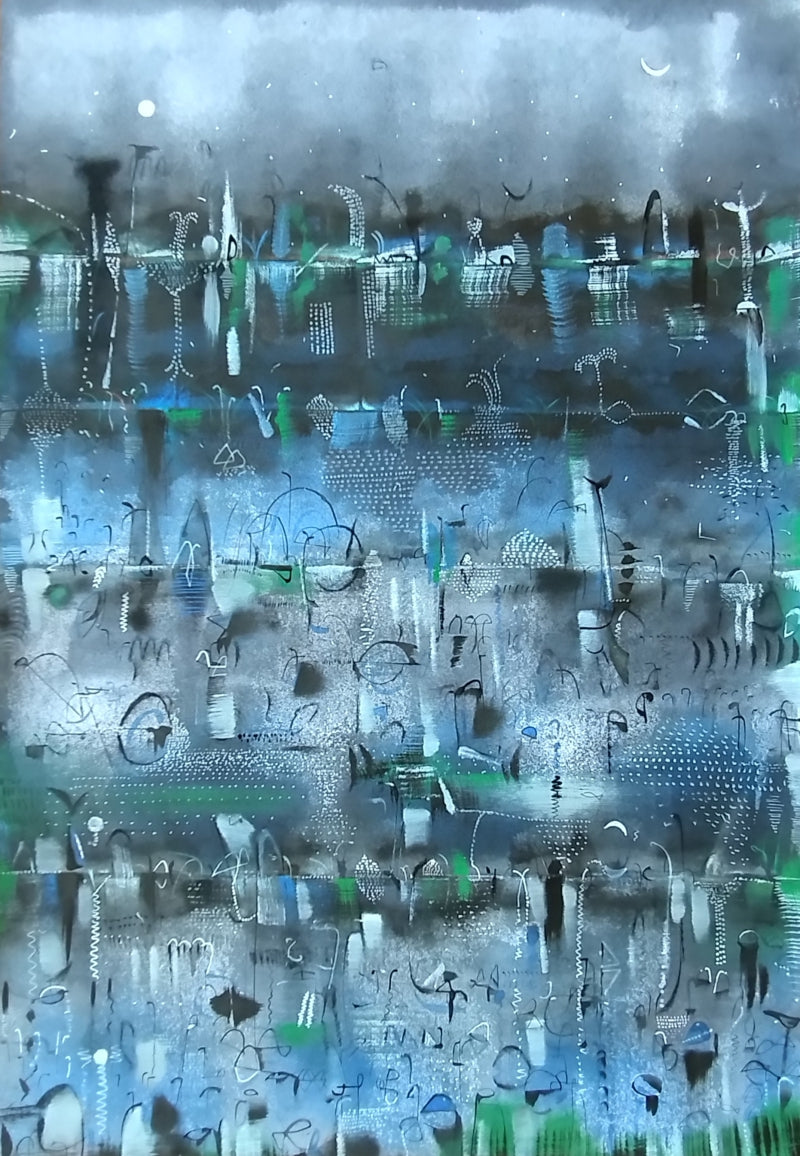 Poetic Lake' abstract acrylic-ink painting by artist Hemant Dhane, 36x25 inch, on paper
