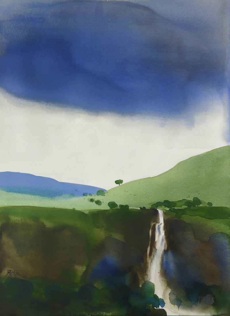 Poignant Clouds Water Falls' nature watercolor painting by artist Prashant Prabhu, 24x18 inch, on archival paper