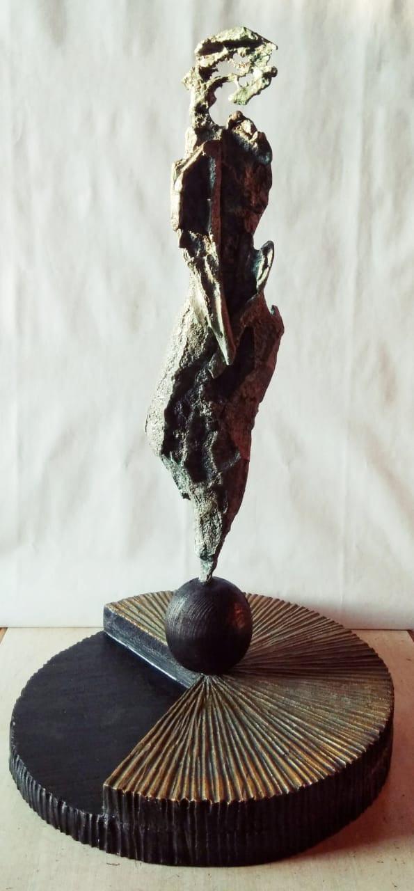 Figurative sculpture titled 'Point Of View', 17x9x9 inches, by artist Prasad Talekar on Bronze, Wood