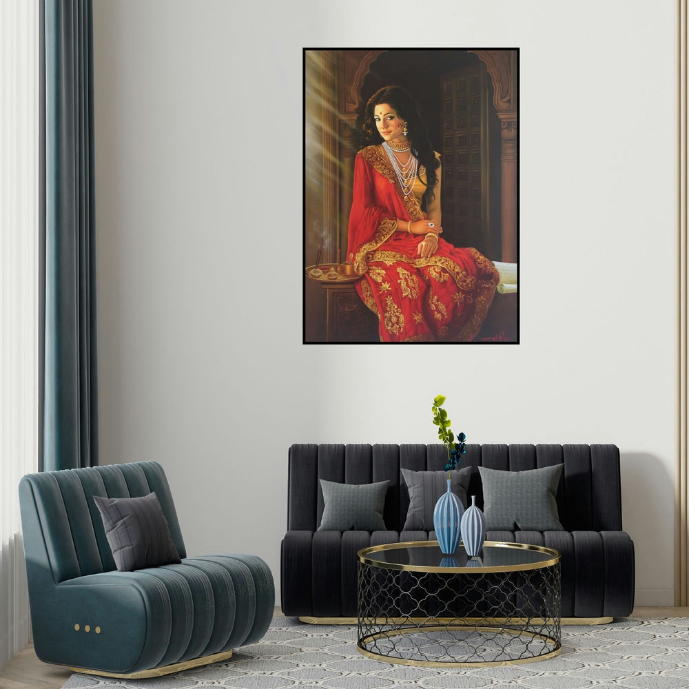 Kamal Rao's 'Poise' painting visualized above a sofa in a contemporary room.