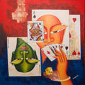 Figurative acrylic painting titled 'Poker Face', 24x24 inches, by artist Deepali Mundra on Canvas