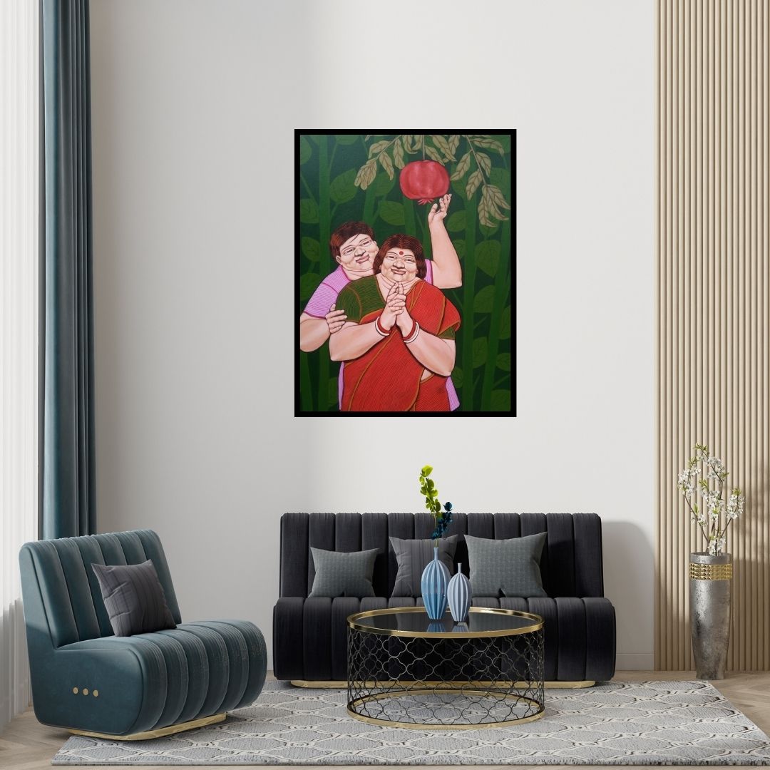 Preview of 'The Pomegranate (Harmony in Nature)' Painting by Apurba Karati shown on a wall in a furnished room.