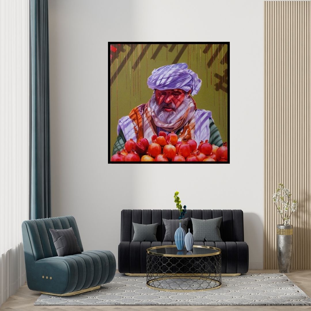 Preview of 'Pomegranate Vendor' Painting by Abid Shaikh shown on a wall in a furnished room.