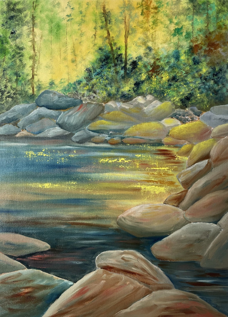 Pond And Stones' landscape oil painting by artist Umesh Pandey, 22x16 inch, on canvas
