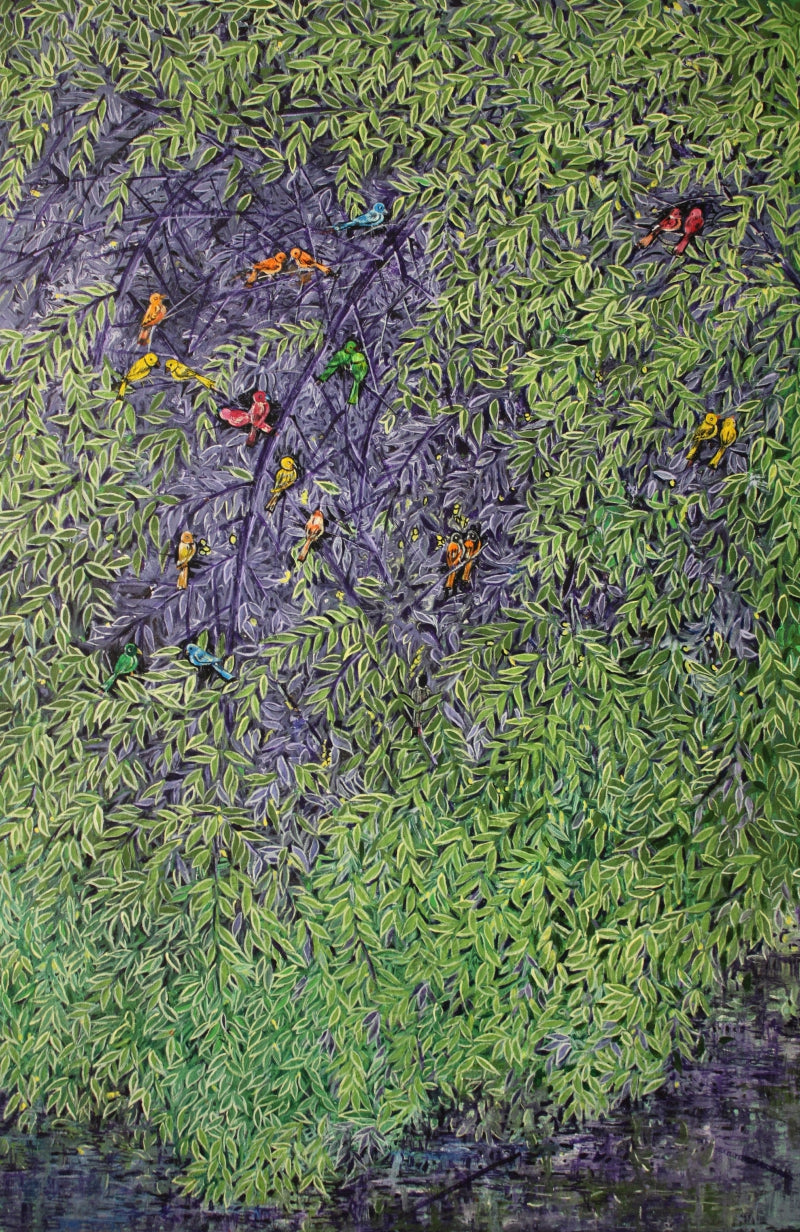 Pond Side by Palash Chandra Naskar, Original Acrylic Nature Painting on Canvas, Medium Vertical Wall Art