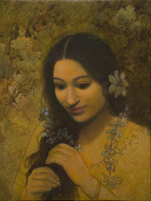 Pondering by Mousumi Pal Majumdar, Original Acrylic Figurative Painting on Canvas, Small Vertical Wall Art