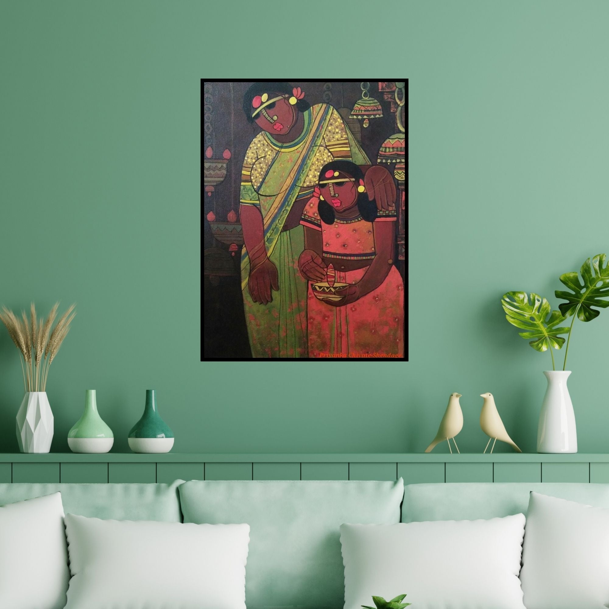 Preview of 'Pooja 2' Painting by Priyanka Chivte shown on a wall in a furnished room.
