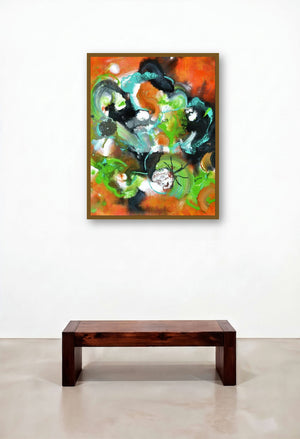 Pop Fluid No 1 (Embers Embrace: An Abstract Expression) by artist Sumit Mehndiratta displayed in a Mid-Century Modern Family Room