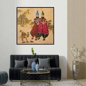 Manjunath Wali's 'Poppet Play 1 (Puppetry Performance)' painting visualized above a sofa in a contemporary room.