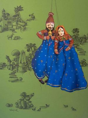 Toys mixed media painting titled 'Poppet Play 2', 48x36 inches, by artist Manjunath Wali on Canvas